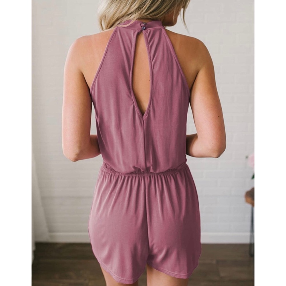 MEROKEETY Summer Halter Neck Shorts Elastic Waist Solid Color Jumpsuit Romper S - Picture 2 of 15